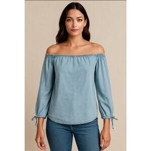 Vintage Light Wash Denim Off Shoulder Blouse Tie Sleeve Top L Boho Chic